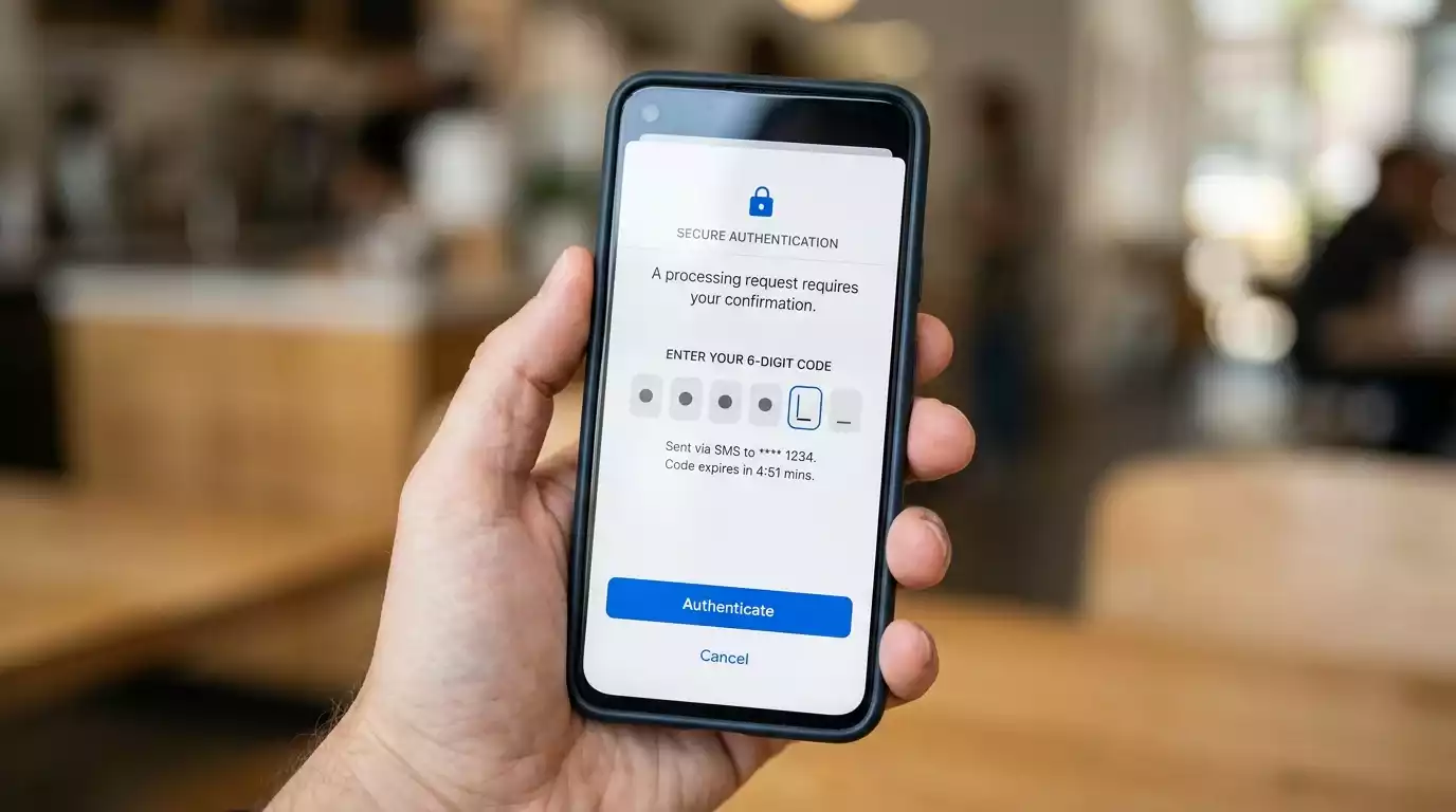 A close-up of a smartphone screen showing a 3-D Secure two-factor authentication prompt during an online checkout flow