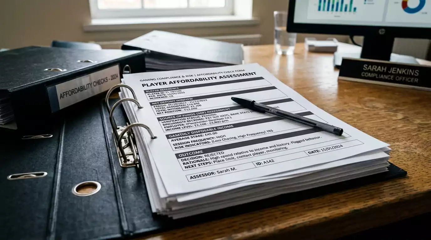 Affordability check documentation folder open on a UK casino compliance officer's desk
