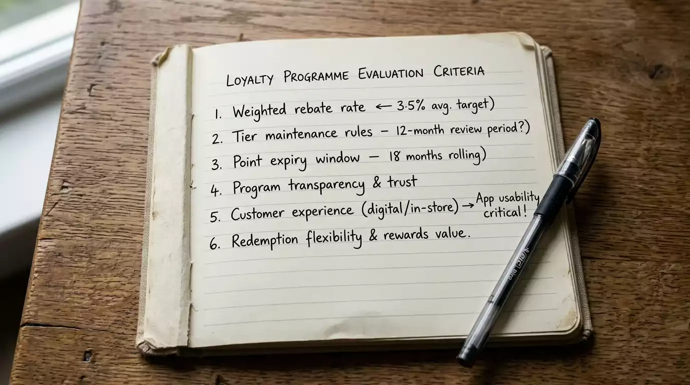 Analyst notebook listing loyalty programme evaluation criteria for UK casino comparison