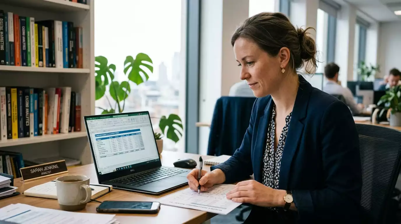 UK casino marketing analyst reviewing a promotional budget breakdown on a laptop screen