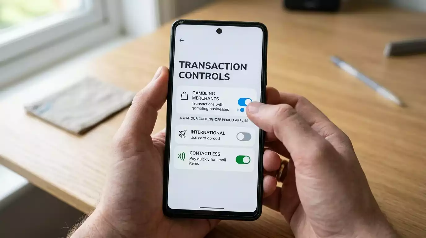 UK bank mobile app showing the toggle to block gambling-merchant transactions on a debit card