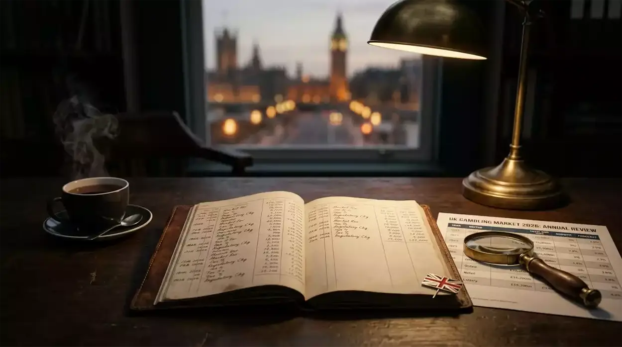 Analytical dashboard view of the UK regulated gambling market with key indicators for 2026