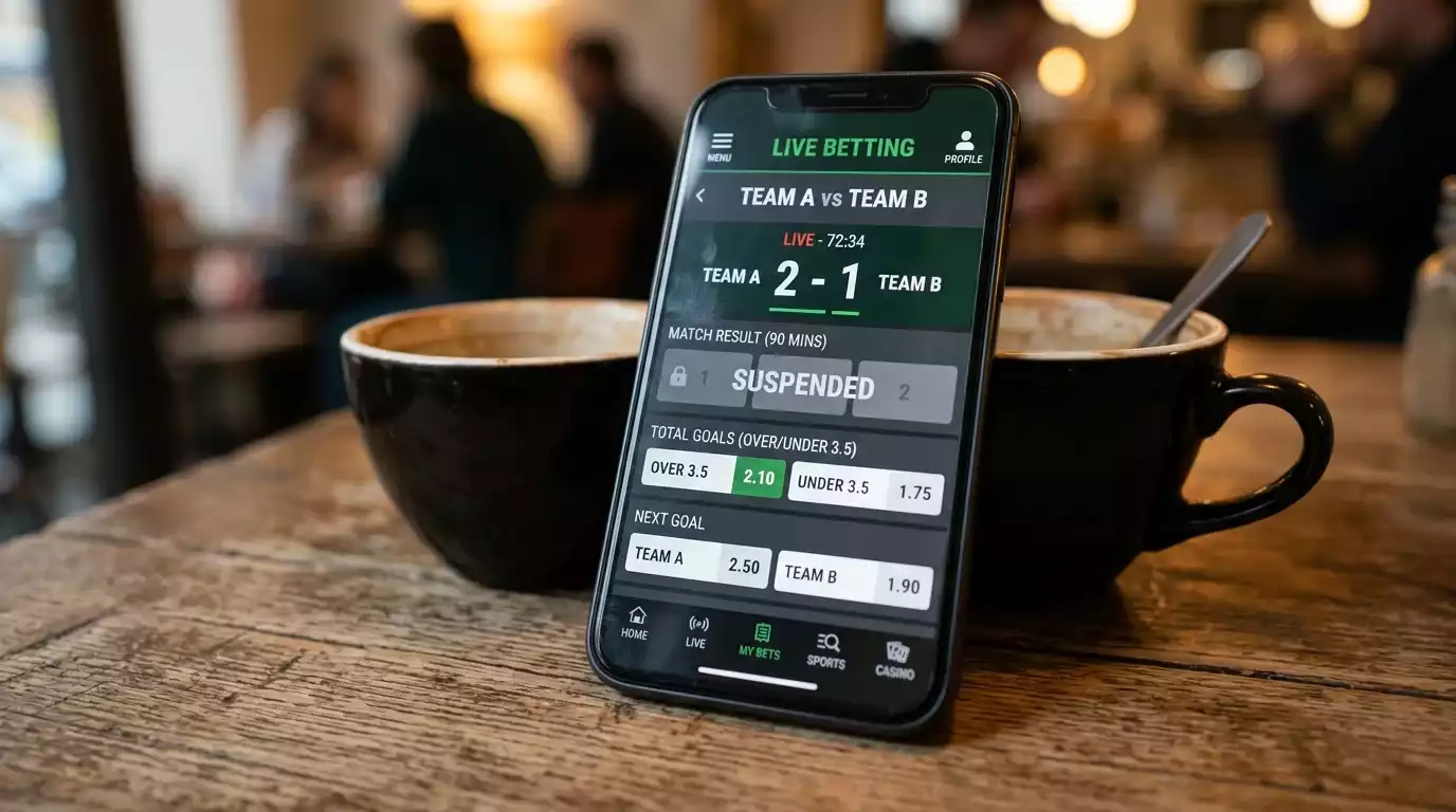 UK sportsbook mobile app showing a bet market suspended during a goal-mouth incident
