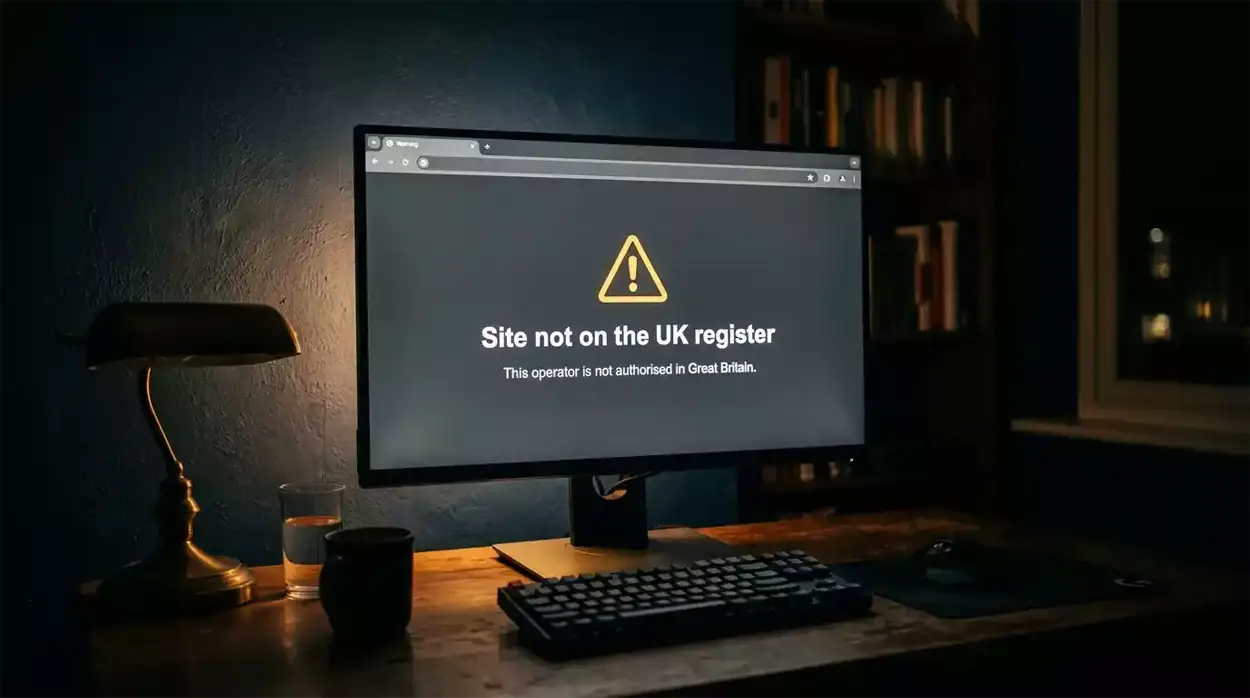 Browser warning indicator on an unregulated offshore gambling site targeting UK users