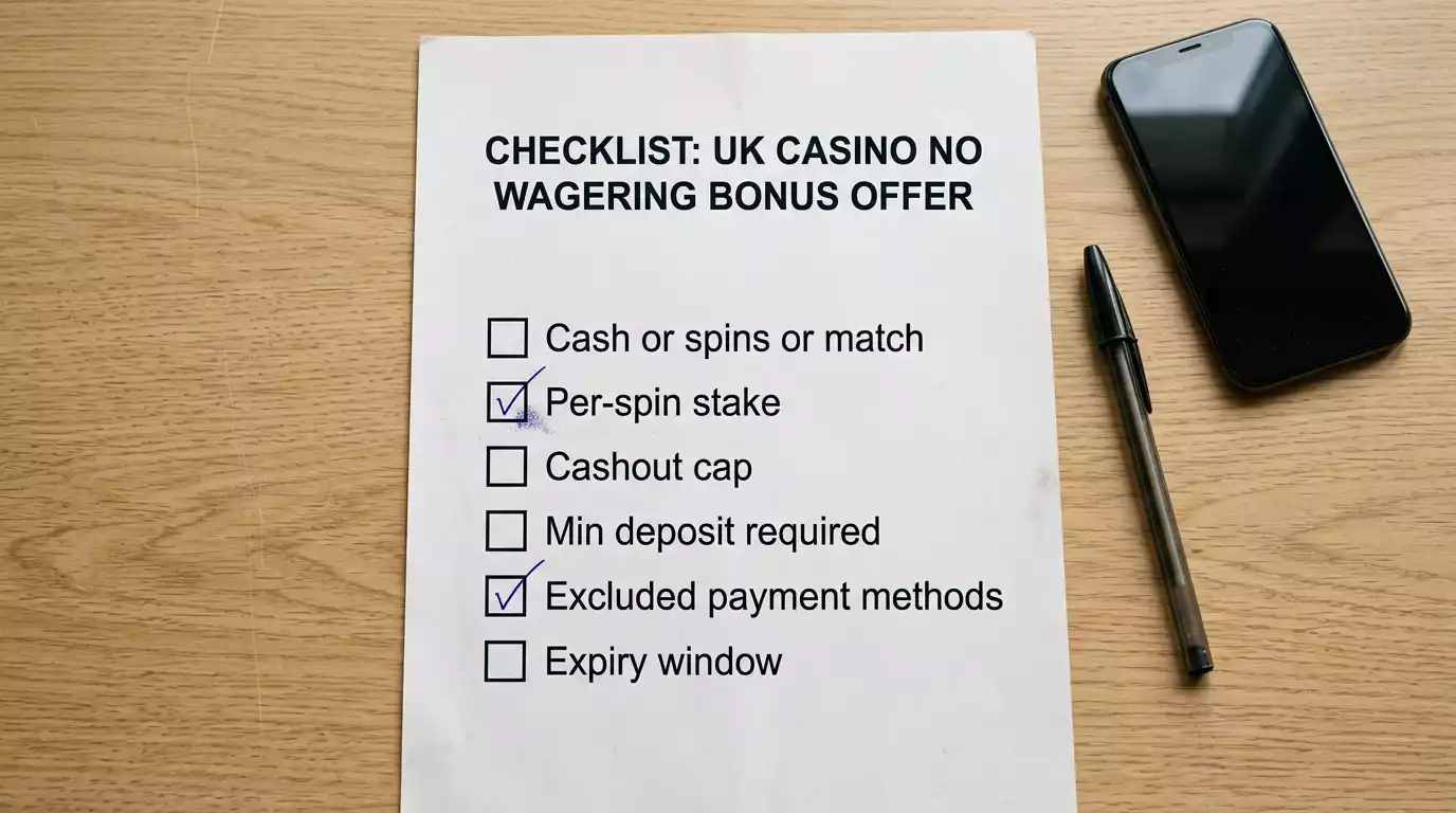 Six-point checklist for evaluating a UK casino no wagering offer printed on a single page