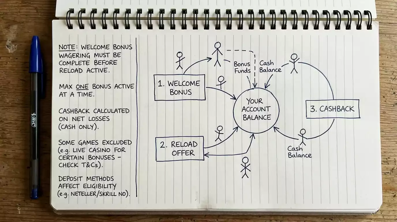 Notes showing how UK casino bonuses, cashback and reload offers interact within a single account