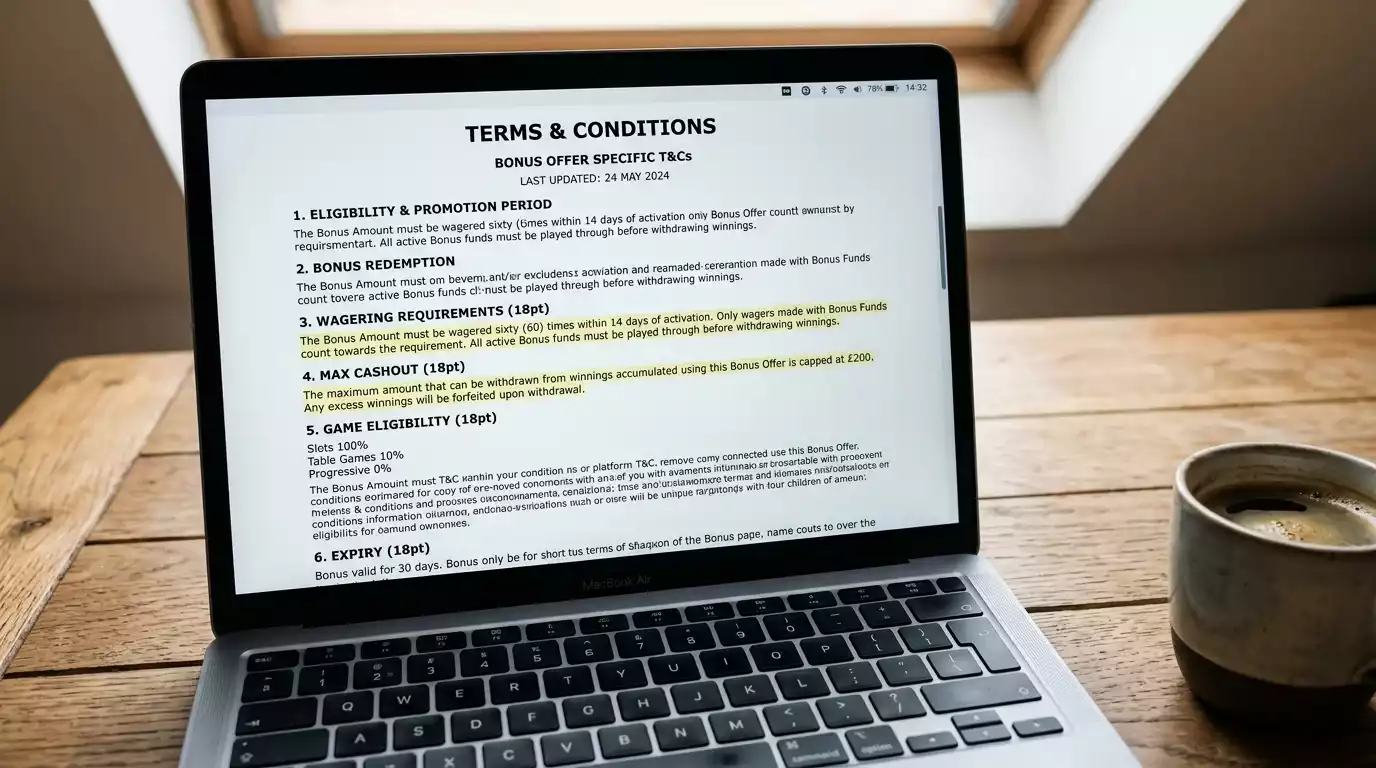 Detailed bonus terms page open on a laptop showing wagering and cashout rules for a UK casino offer