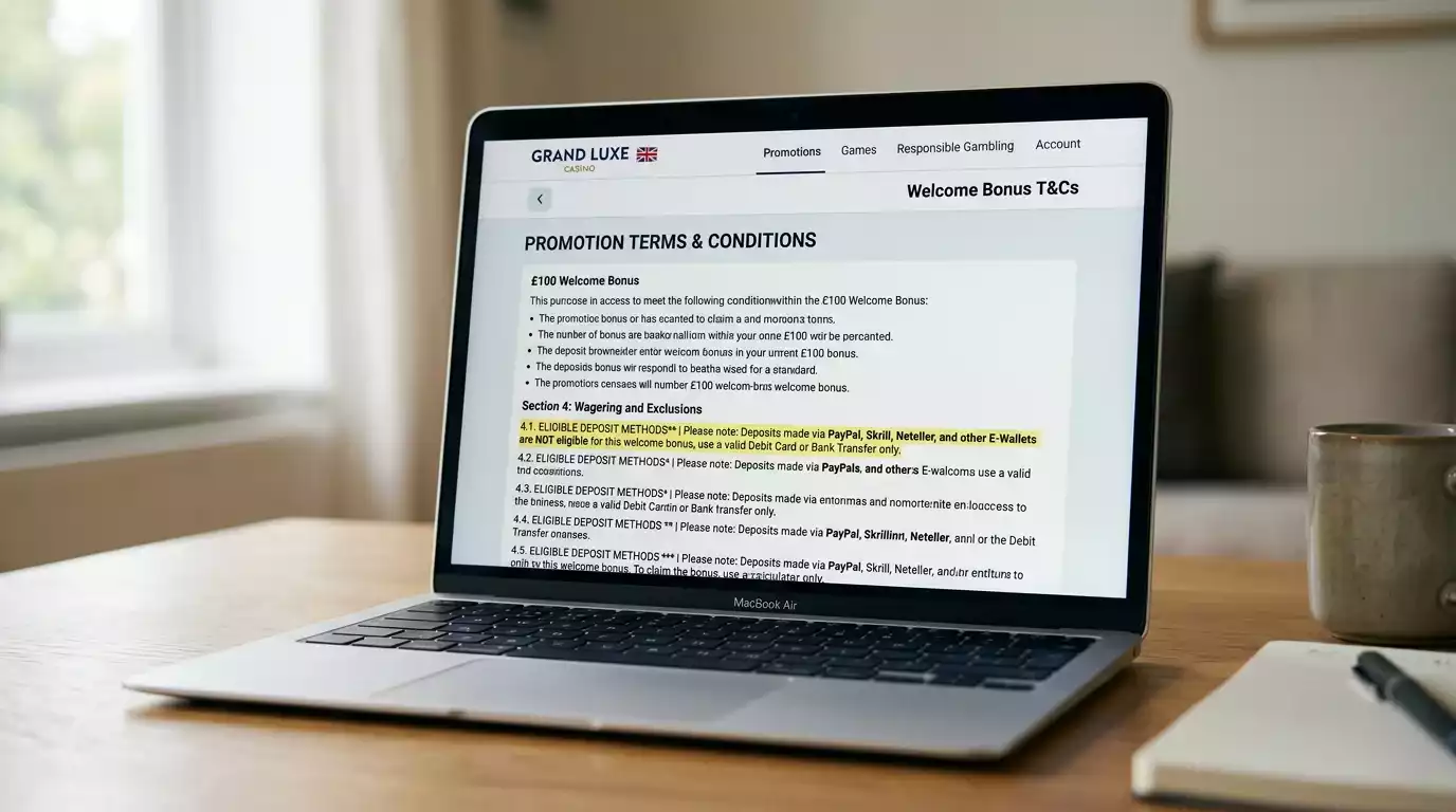 Casino bonus terms page highlighting payment-method exclusion clause