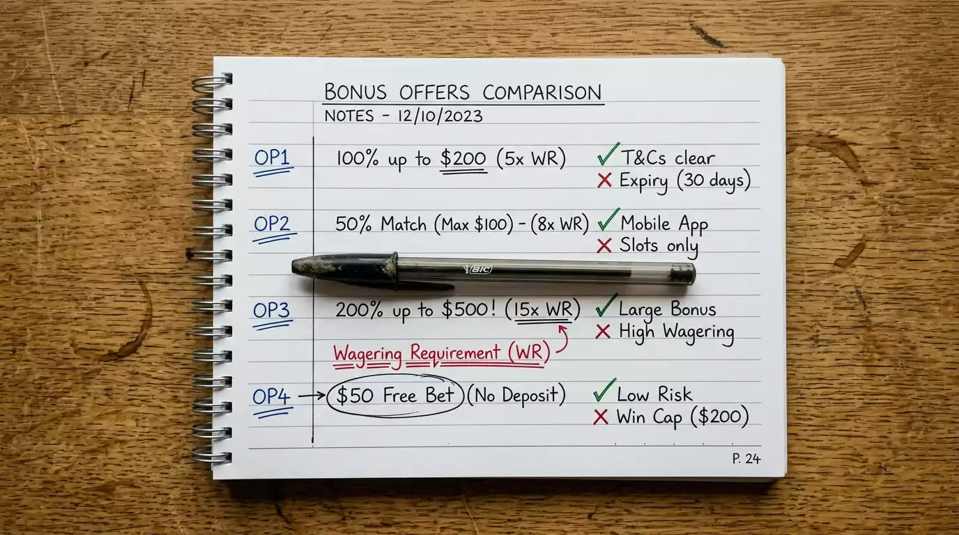 Handwritten notes comparing bonus offer values across UK casino sites on a paper notepad