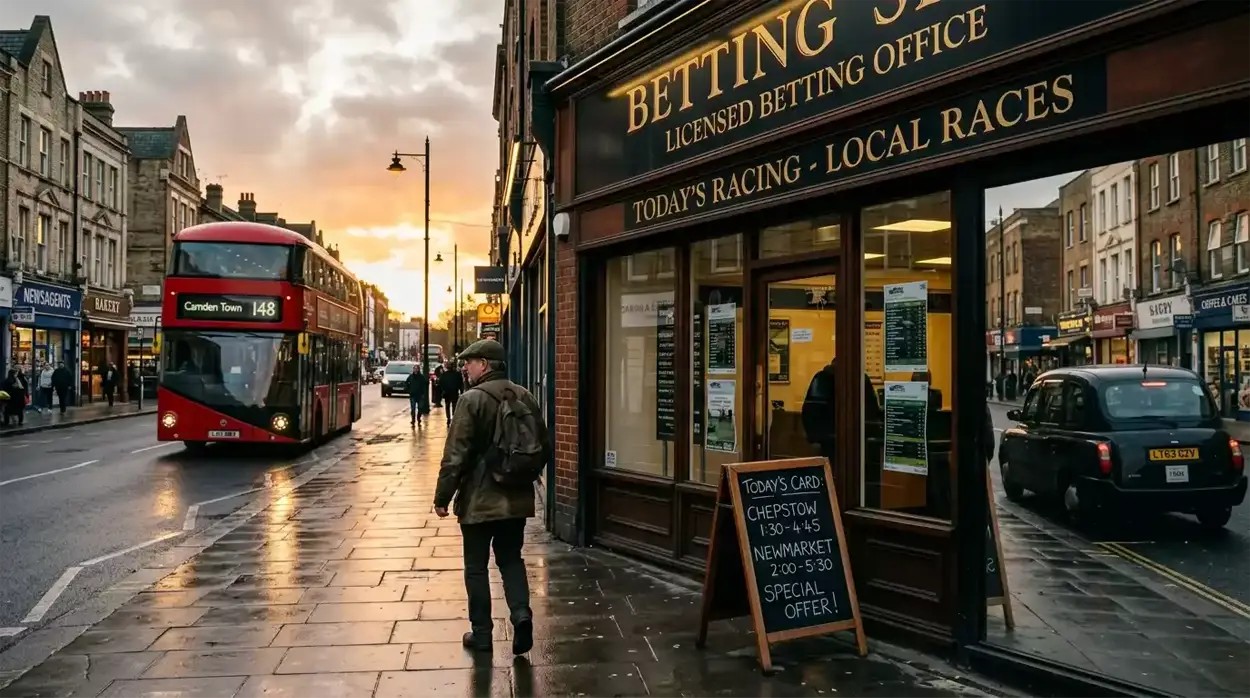 British high street betting shopfront on a London road with the green pavement awning