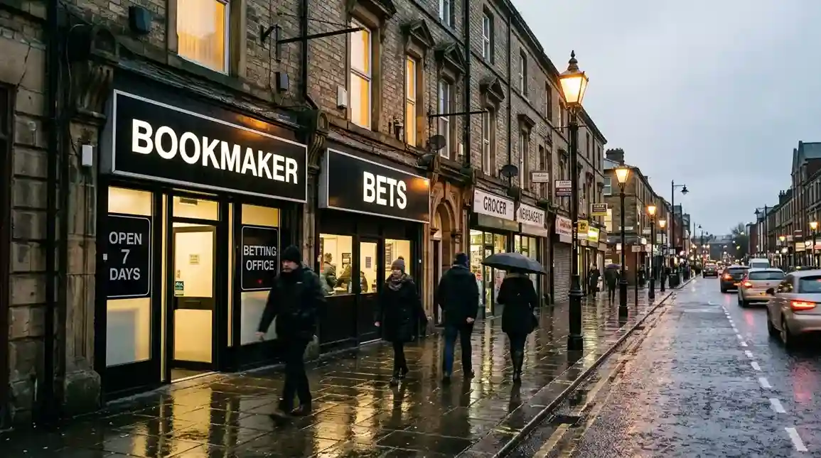 A British high street at dusk with traditional bookmaker shopfronts and pedestrians passing illuminated windows
