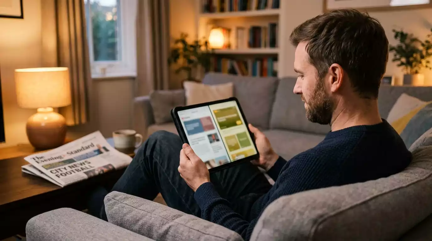 A British man on a sofa comparing casino bonus terms side by side on a tablet in warm living-room lighting