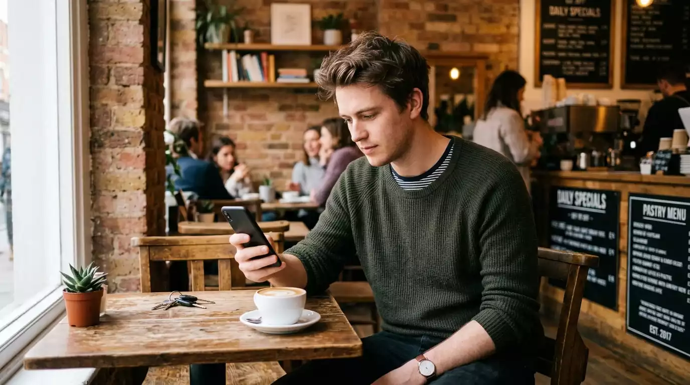 A young adult sitting in a London cafe quietly scrolling a betting app on a smartphone with a cup of tea on the table
