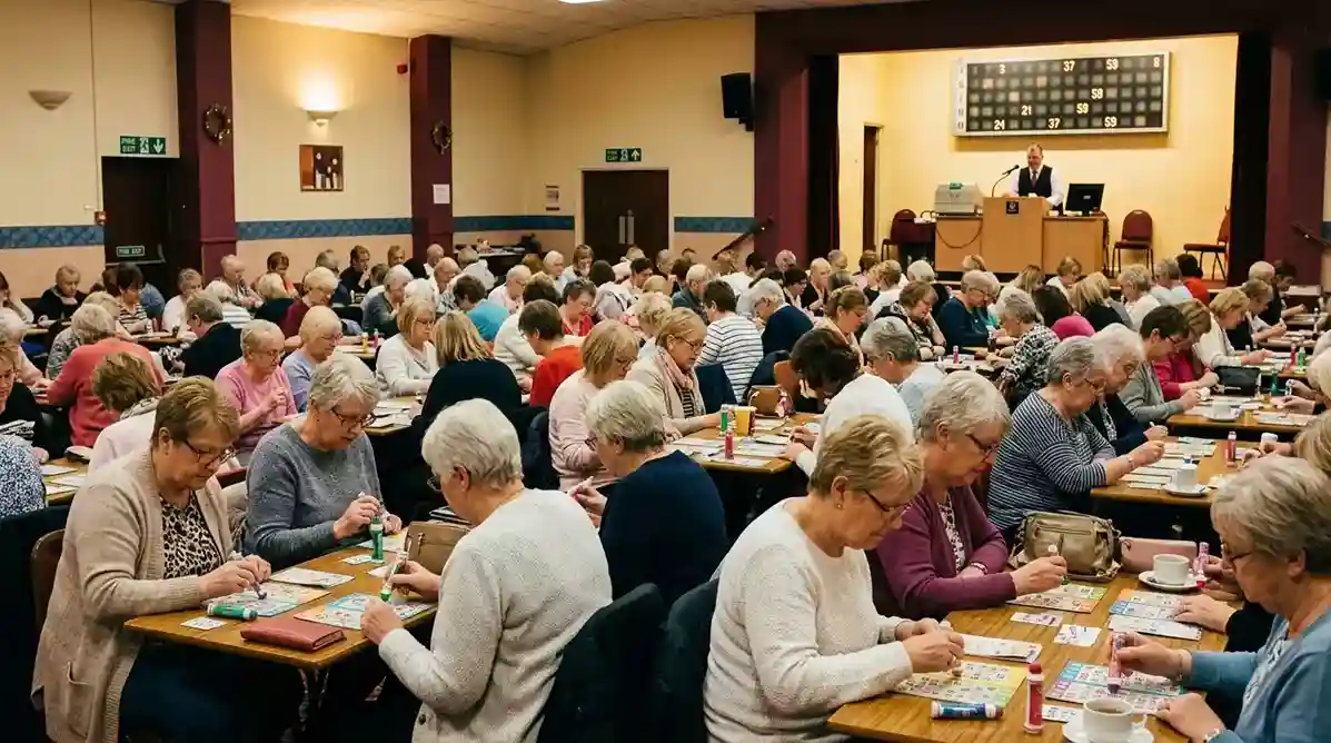 A traditional British bingo hall in the early evening with rows of regular players dabbing cards under soft hall lighting