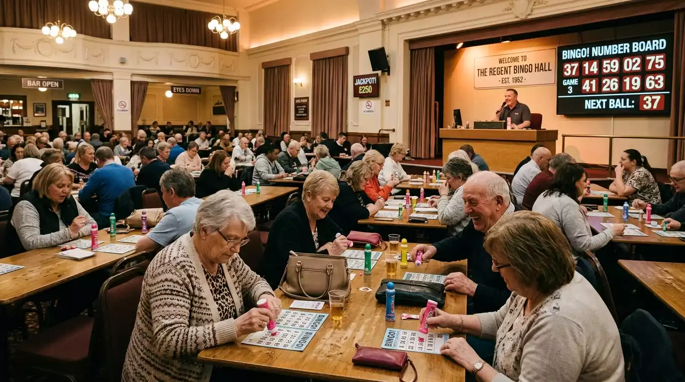 Traditional British bingo hall interior in the early evening