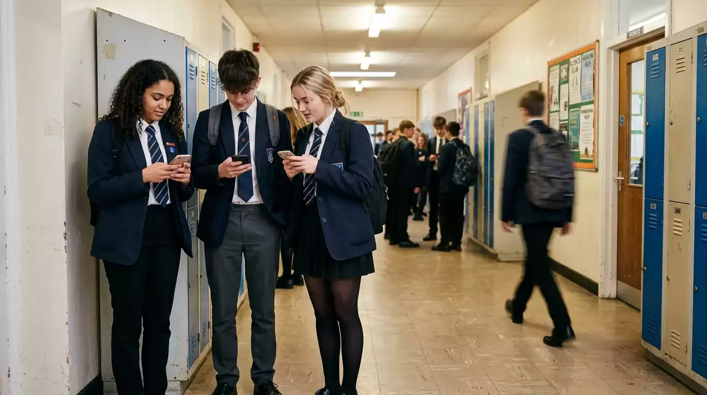 A small group of British teenagers in school uniform standing in a corridor casually looking at their smartphones