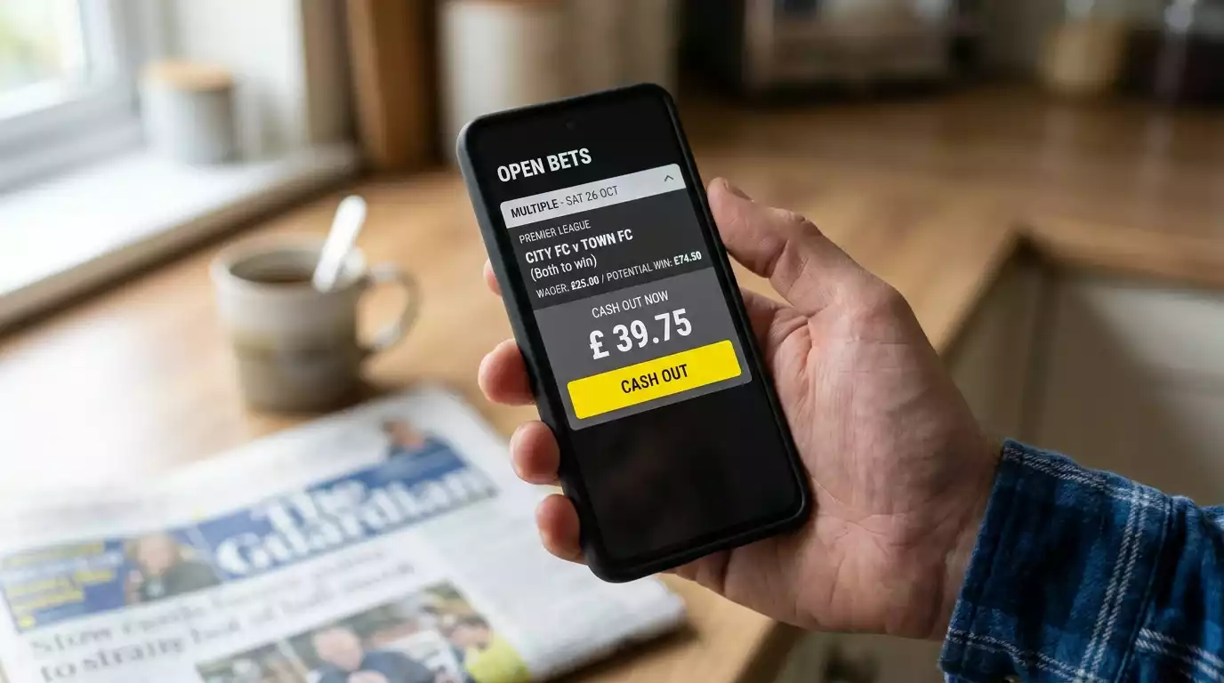 Cash-out offer screen on a UK mobile sportsbook with the live valuation of an open bet
