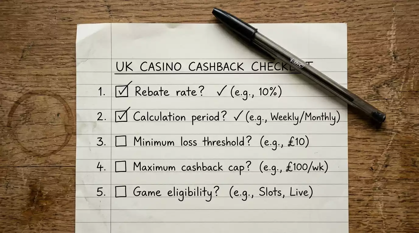 Five-question evaluation checklist for UK casino cashback offers printed on a single sheet