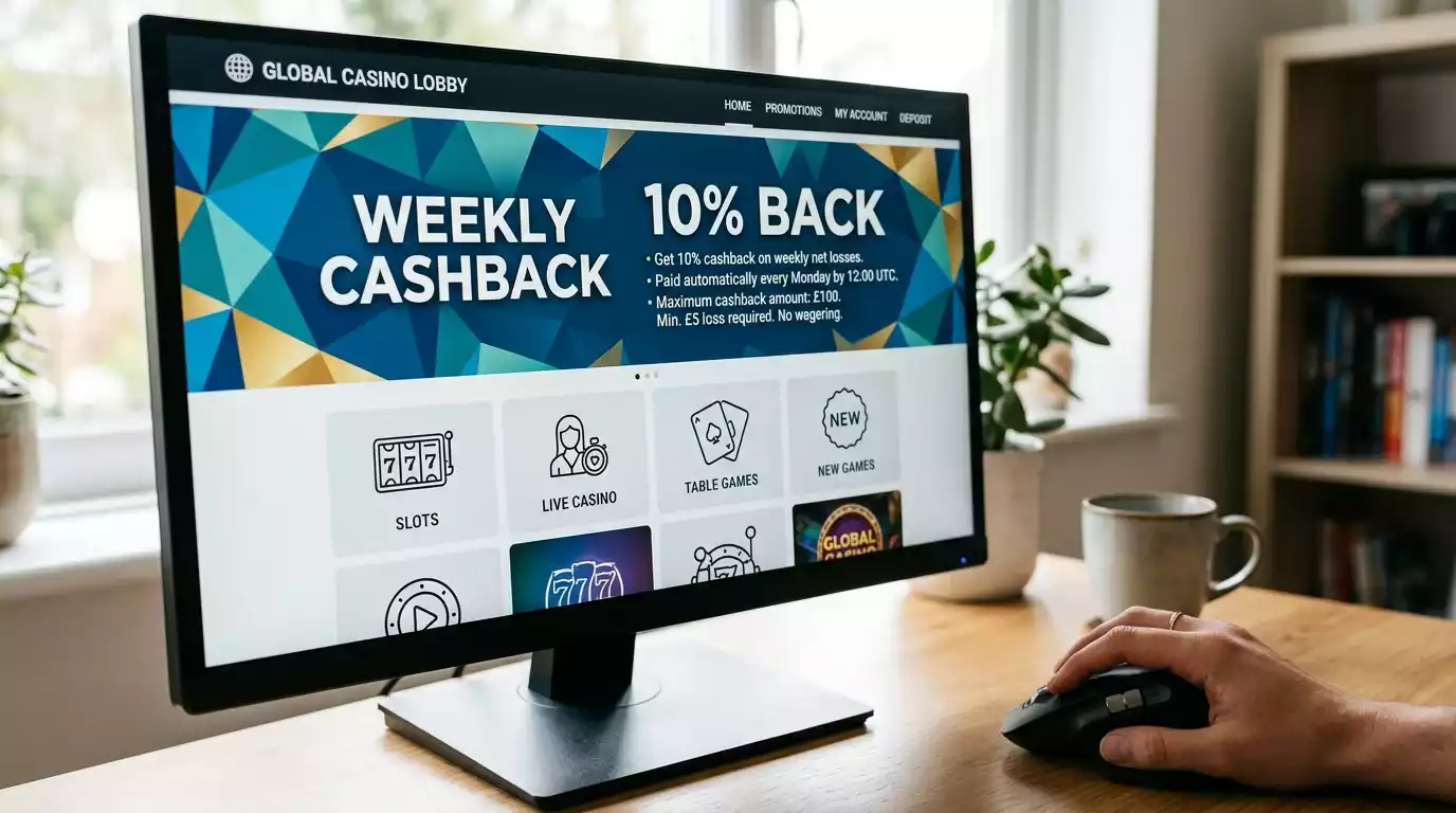 Weekly cashback promotion banner displayed at the top of a UK casino lobby on desktop