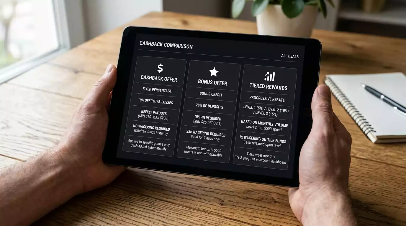 Three cashback offer types displayed side by side for visual comparison on a tablet screen