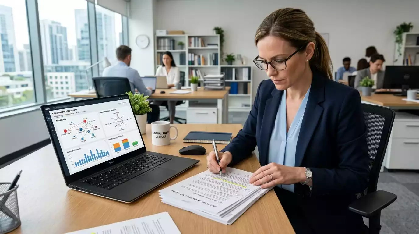 Compliance officer reviewing AML procedures at a casino operator