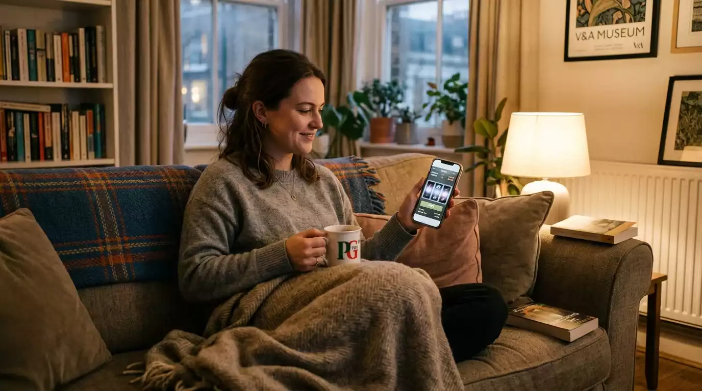 Casual UK player relaxing on a sofa during a short evening slot session on a mobile casino