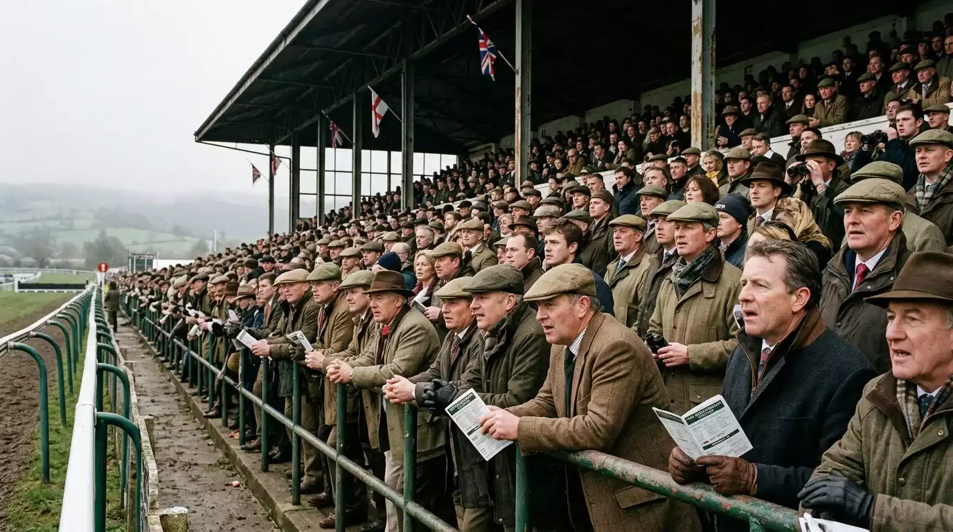 Cheltenham Festival crowd in the grandstand watching a major British horse race