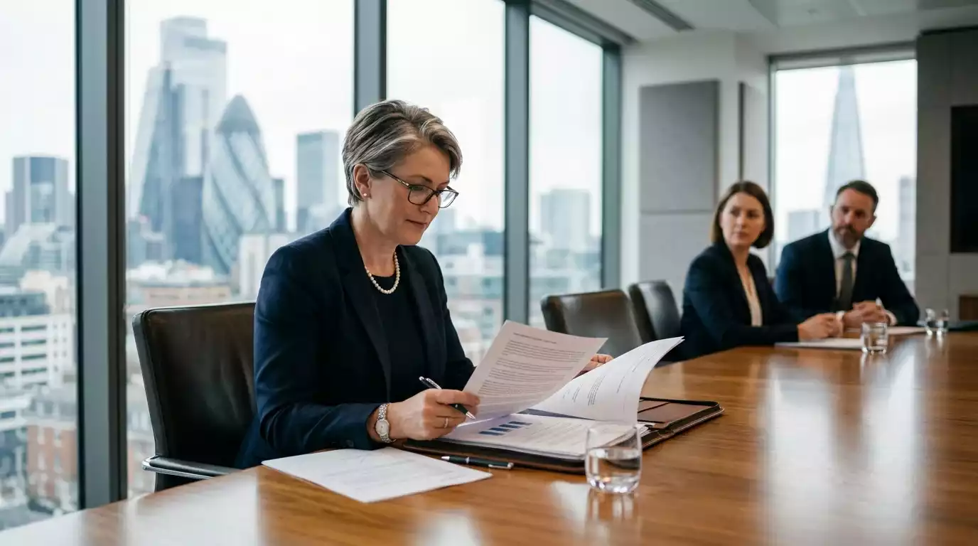A senior compliance officer reviewing regulatory paperwork at a polished boardroom table in a modern London office