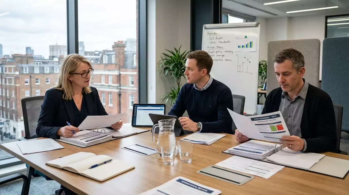 UKGC compliance review meeting at a UK gambling operator with paperwork on a conference table