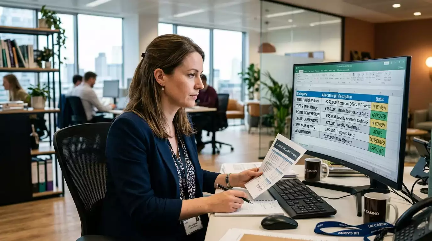 UK casino CRM manager reviewing the loyalty programme budget allocation on a workstation