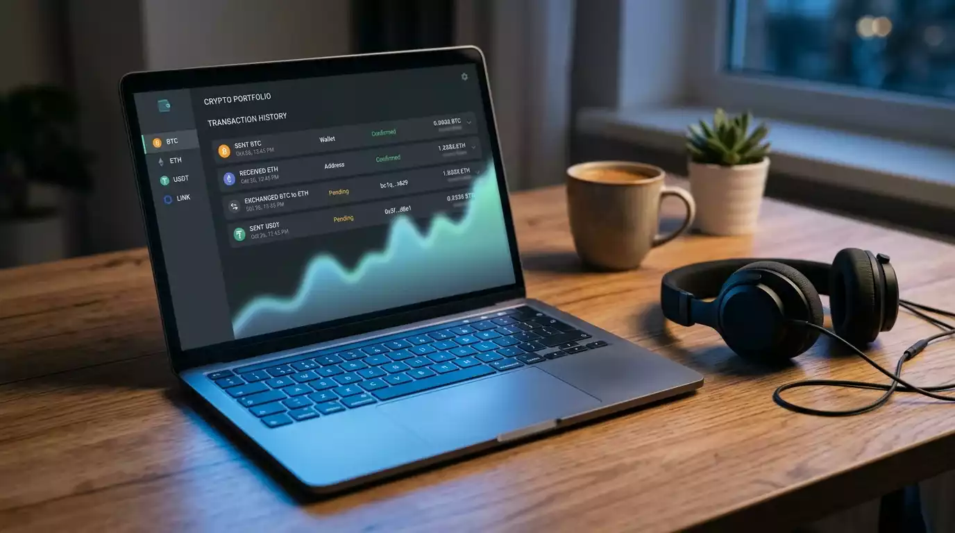 A cryptocurrency wallet dashboard open on a laptop screen displaying generic blockchain transaction history