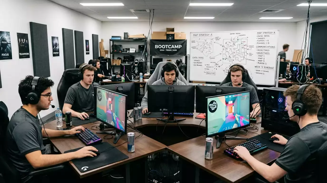 Counter-Strike 2 professional team practicing at a bootcamp ahead of a Major tournament