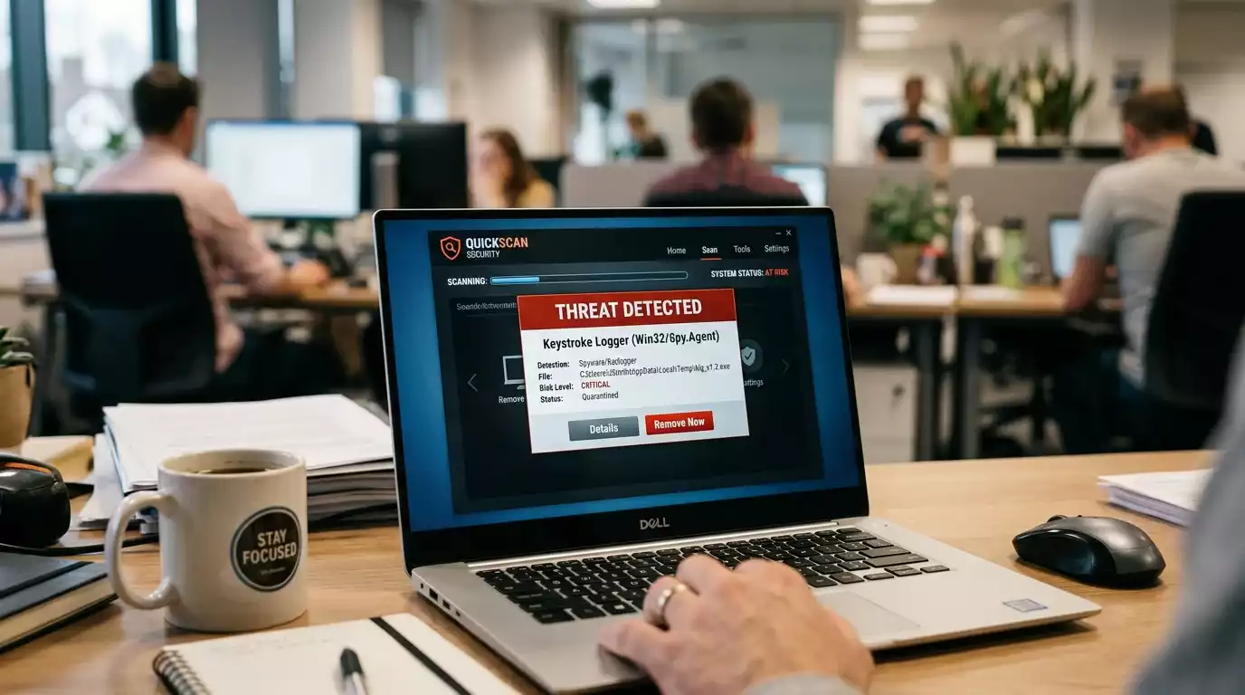 Laptop screen displaying a malware security alert from a security tool