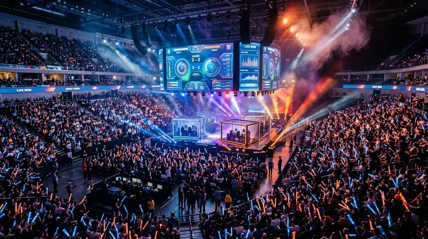Packed eSports arena during a major international tournament final with stage lighting