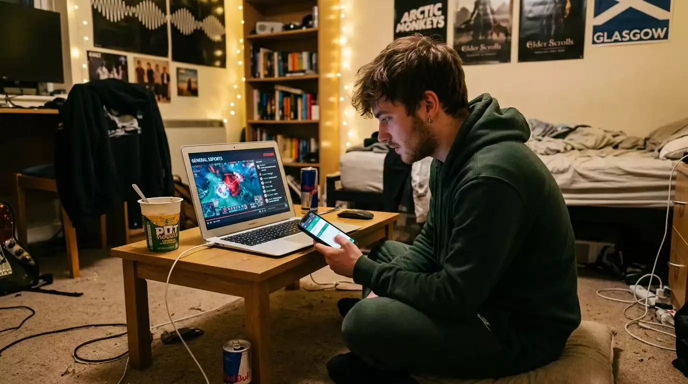 Young UK eSports fan watching a live tournament stream on a laptop while comparing odds on a phone