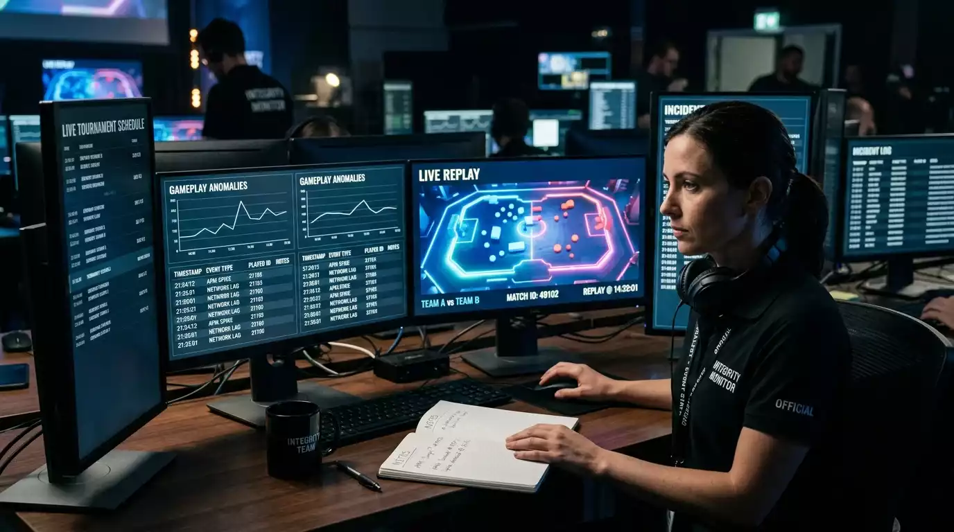 eSports integrity analyst reviewing match telemetry on monitors in a tournament control room