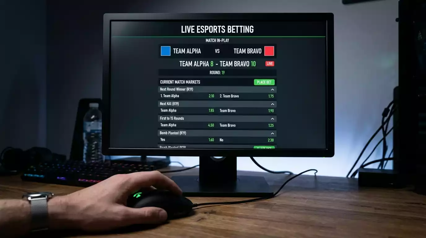 Live in-play eSports betting interface showing round-by-round CS2 markets on a desktop