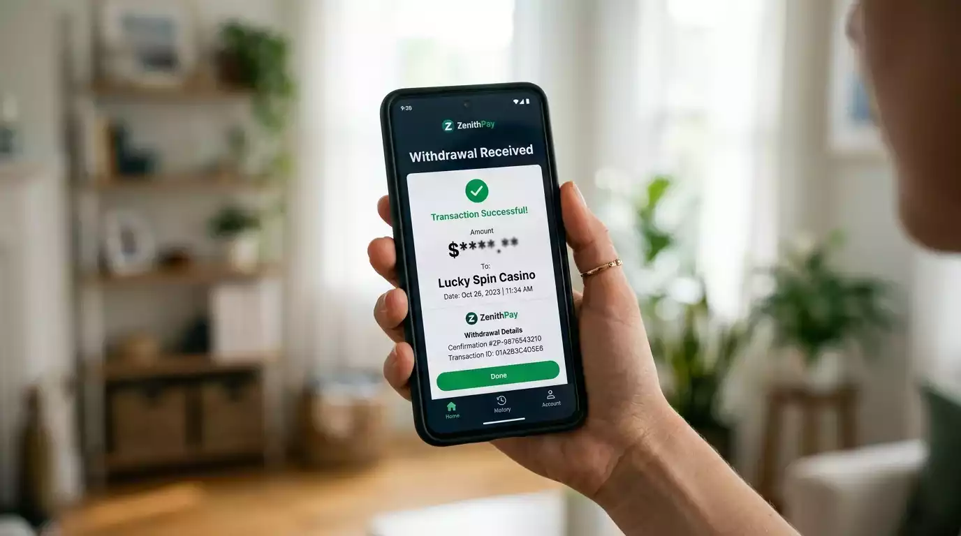 Phone displaying an e-wallet withdrawal confirmation from a UK casino