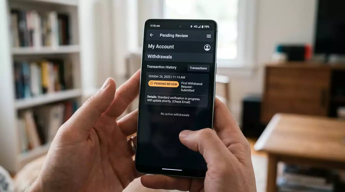 Account page showing a first withdrawal pending review status