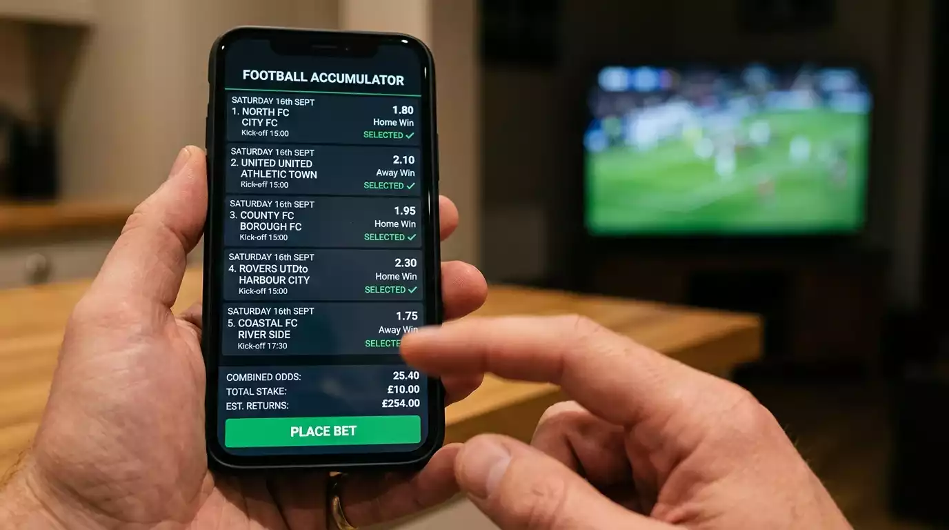 UK football accumulator coupon built on a mobile sportsbook app with five Saturday selections