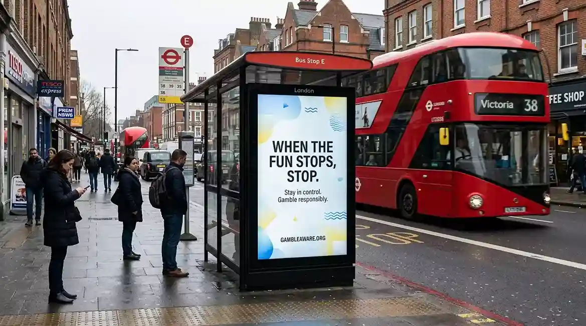 A London bus stop advertising panel under grey daylight carrying a generic gambling-awareness public-information message