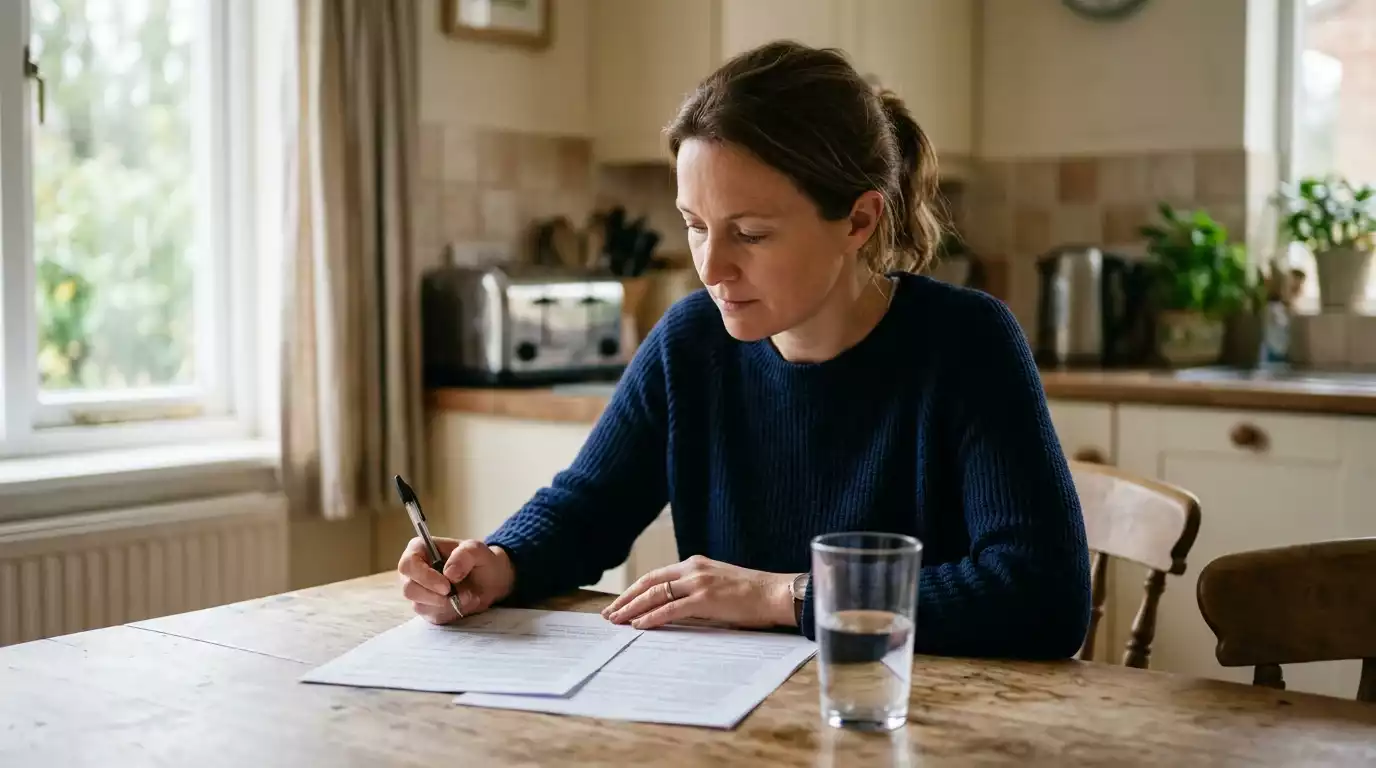 A British adult sitting at a kitchen table thoughtfully completing a paper questionnaire with a pen and a glass of water