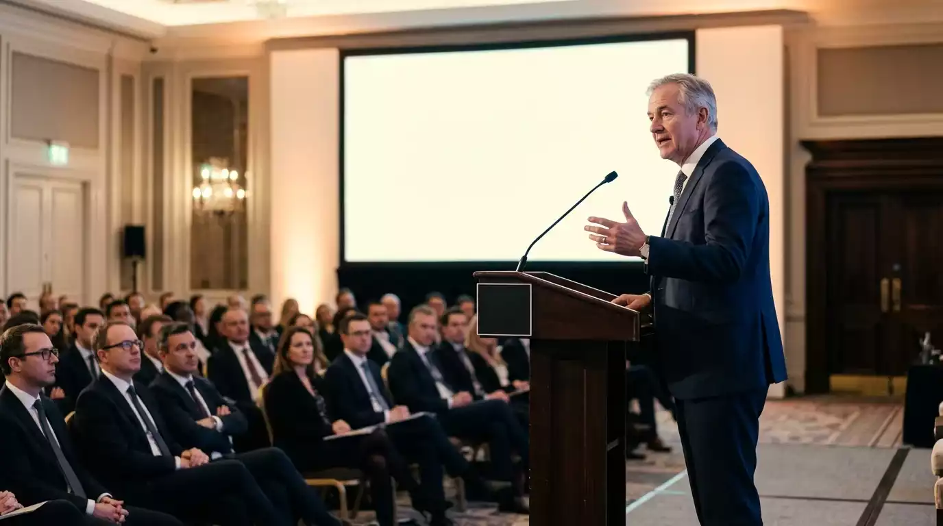 An industry executive speaking at a podium at a gambling-policy conference in a London hotel ballroom