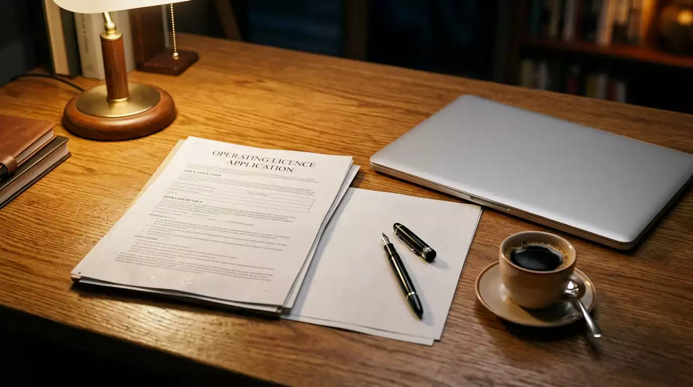 A printed UK gambling operating licence document on a clean desk beside an open laptop and a fountain pen