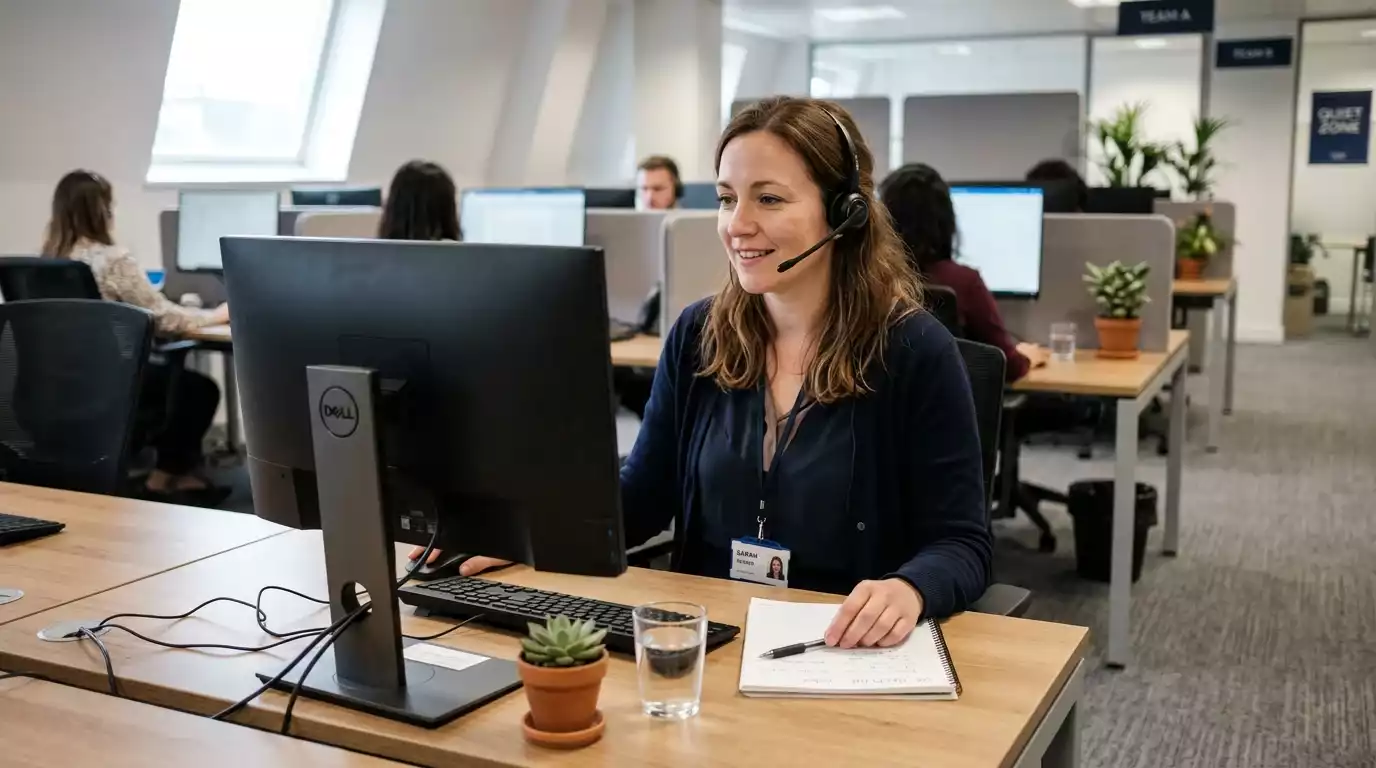 A friendly helpline adviser wearing a headset at a quiet UK call-centre desk taking a confidential support call