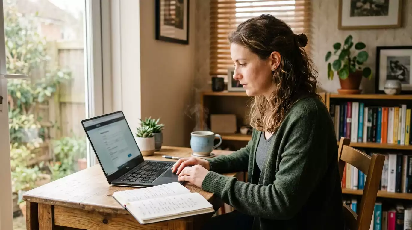 A British woman at home in the morning completing a self-exclusion registration form on a laptop with a notebook beside her