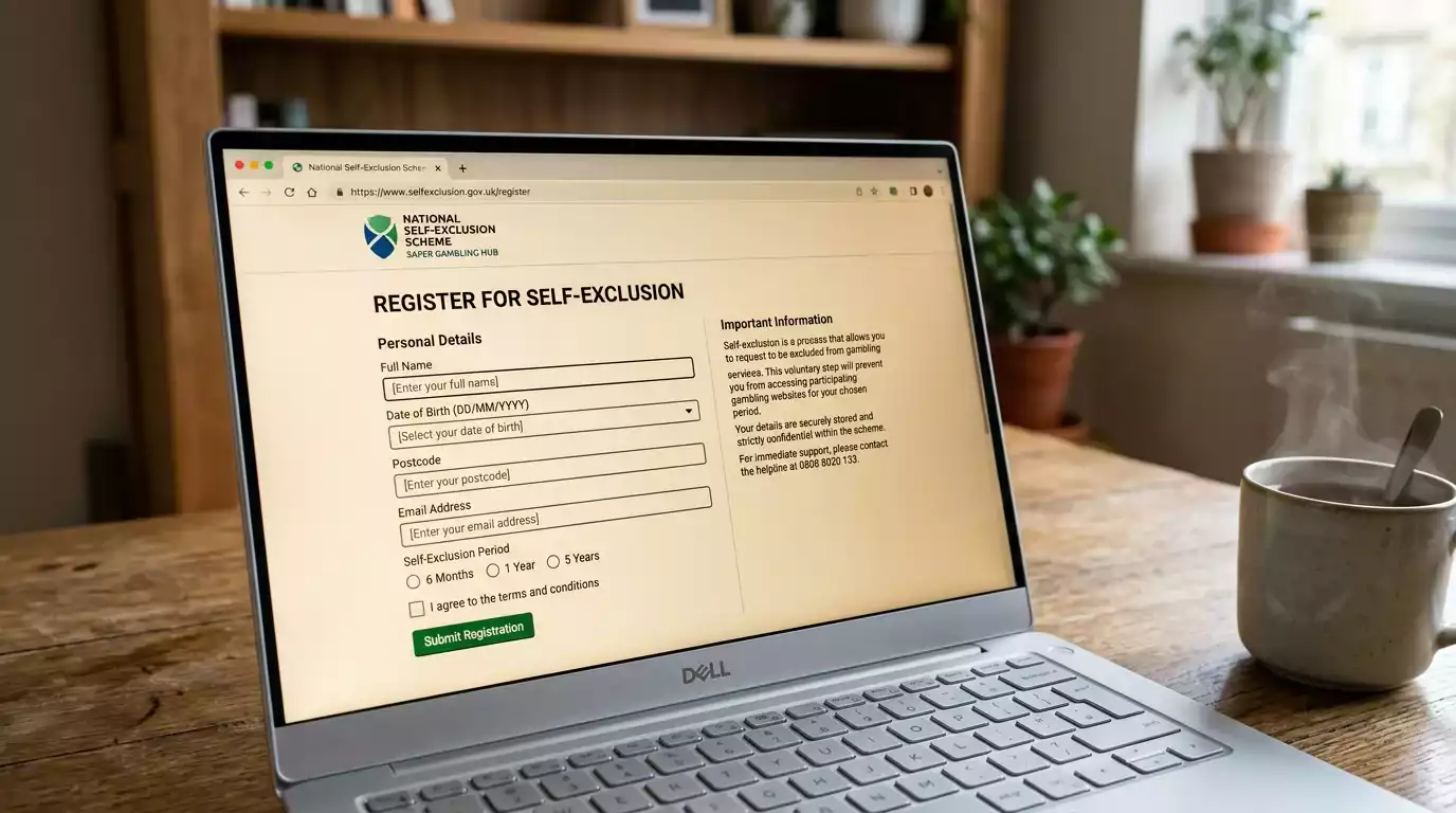 GAMSTOP national self-exclusion registration page open on a laptop with the start-form section visible
