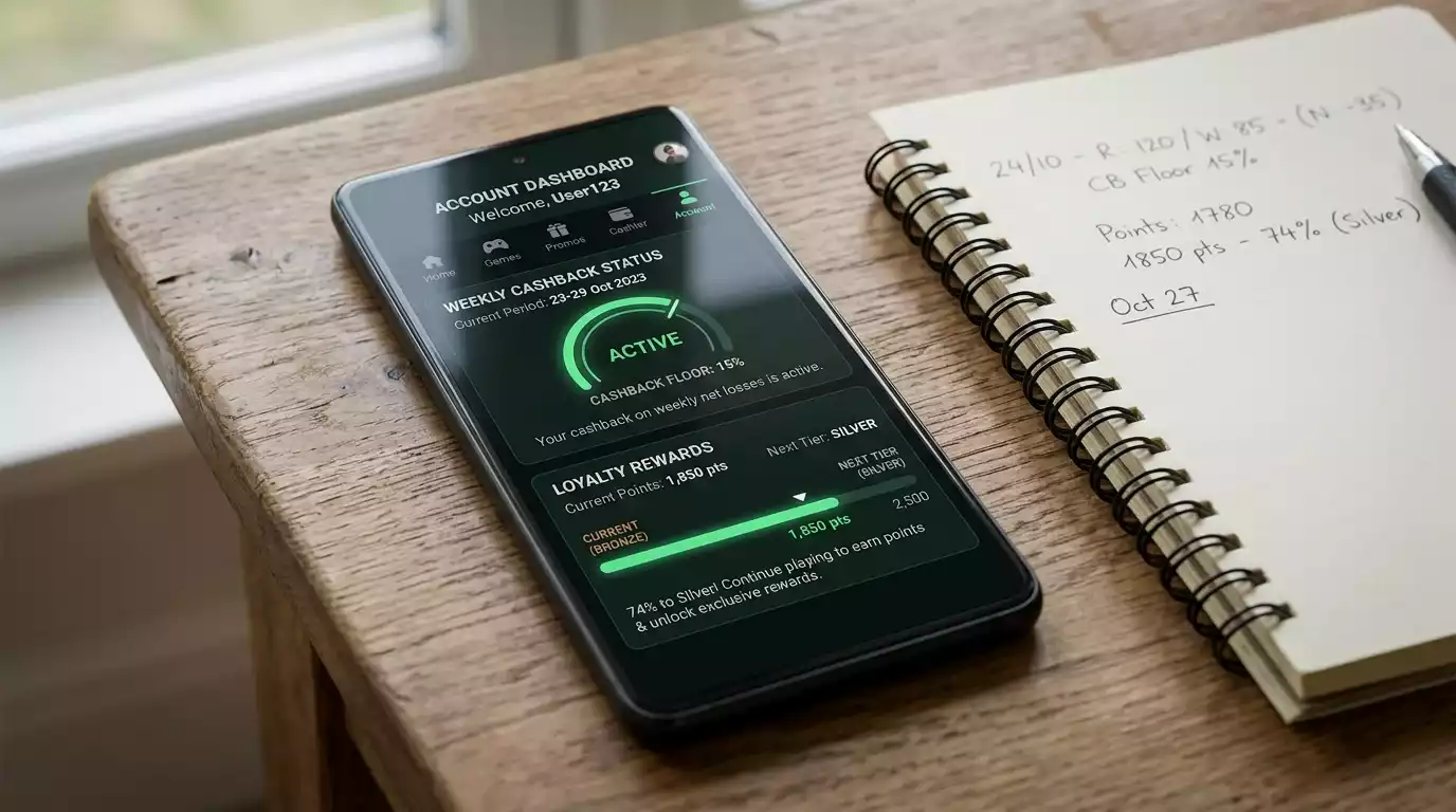 Hybrid weekly cashback floor combined with loyalty points dashboard on a UK casino account