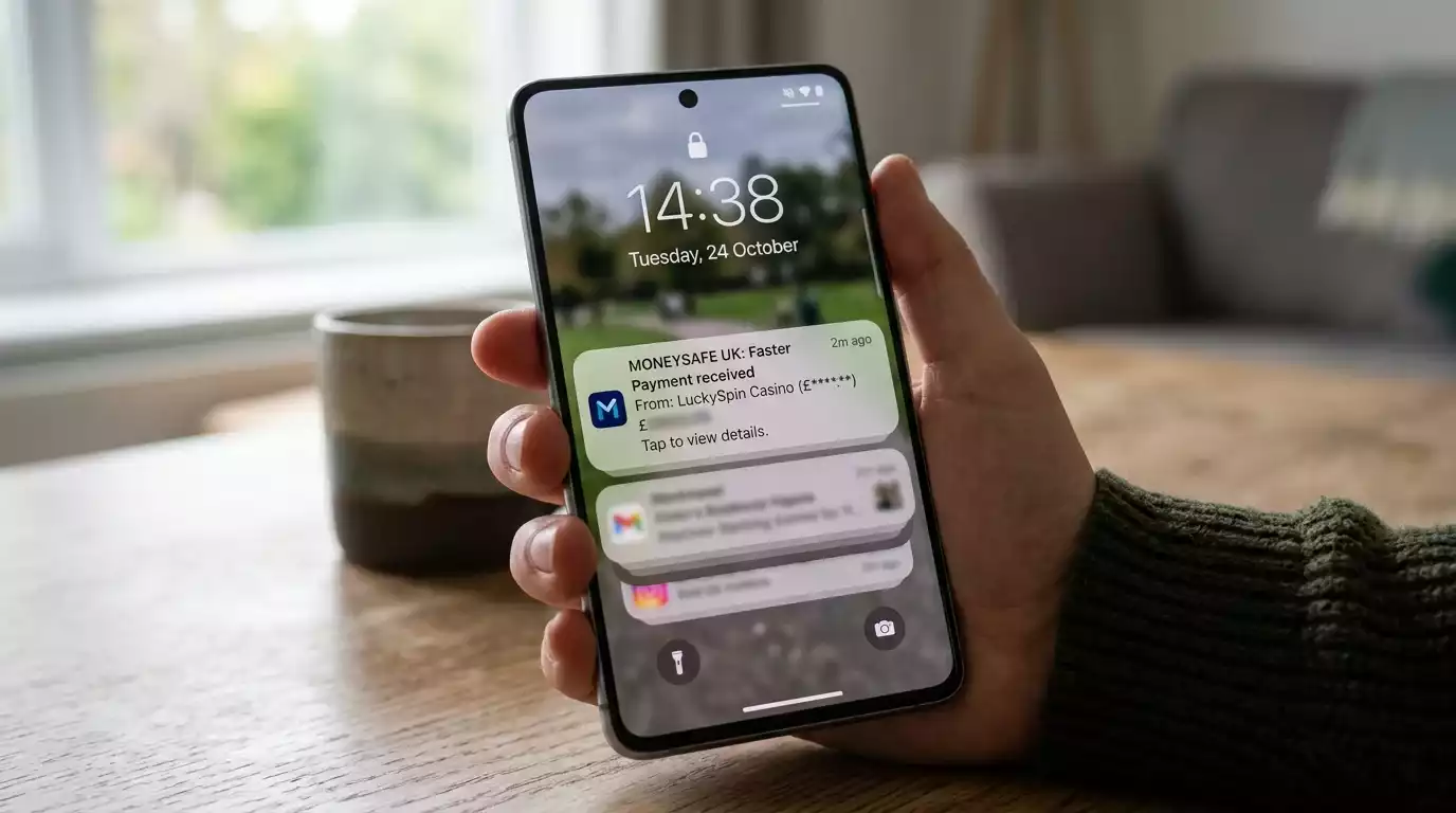Banking app push notification confirming an instant casino withdrawal