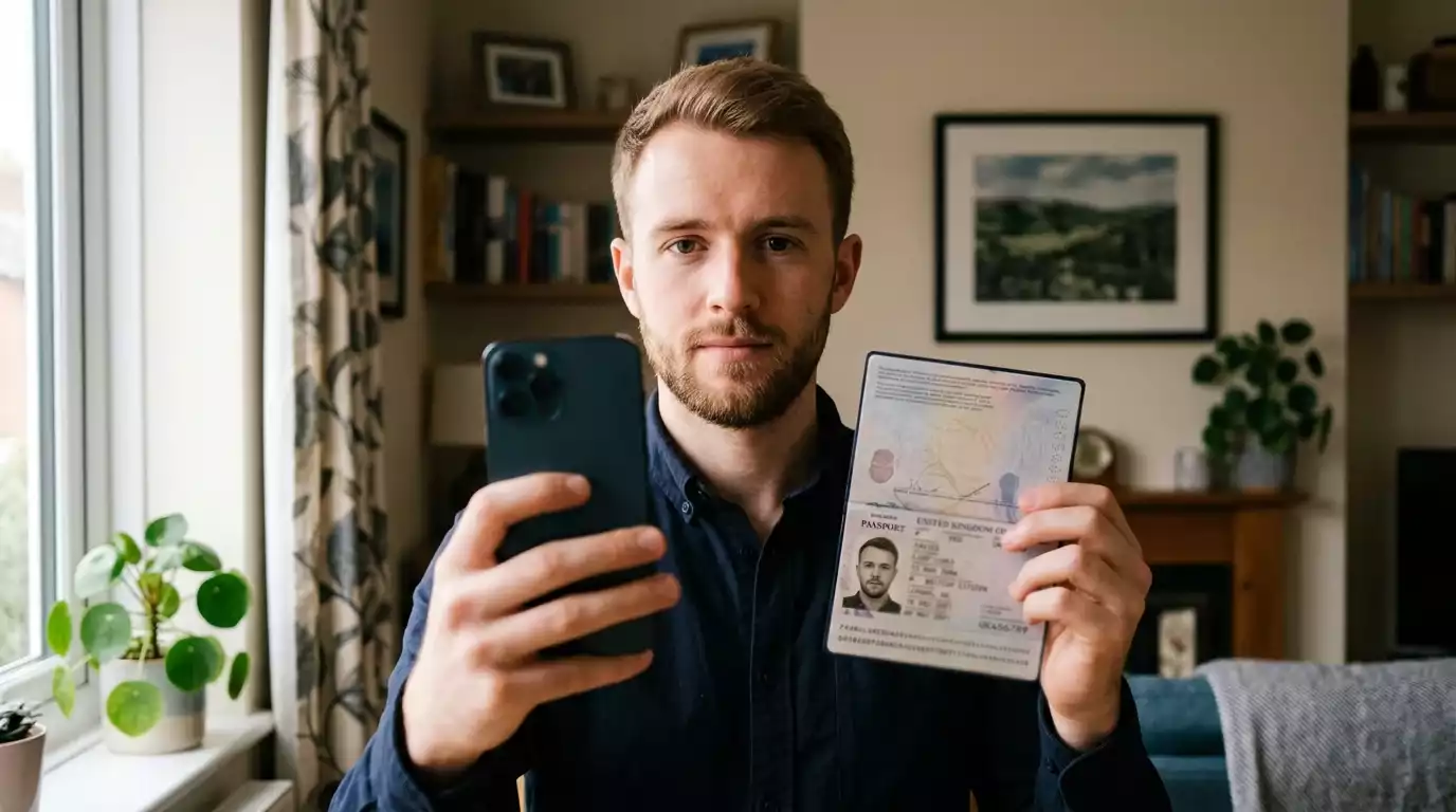 A young British man holding his passport up to a smartphone camera for online identity verification at home